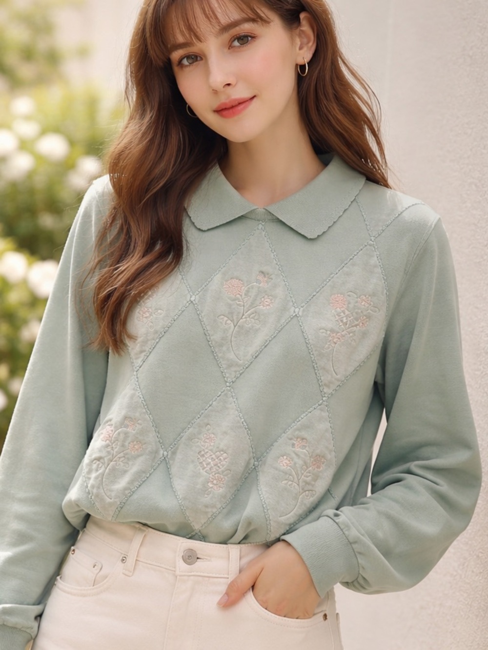 Alfred Dunner Green Collared Long Sleeve Argyle Floral Grannycore Sweater Sz. SM